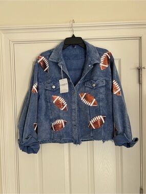 Womens Blue Denim Football Patch Jacket